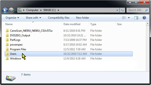 Windows 7 Computer, C Drive, Users Folders